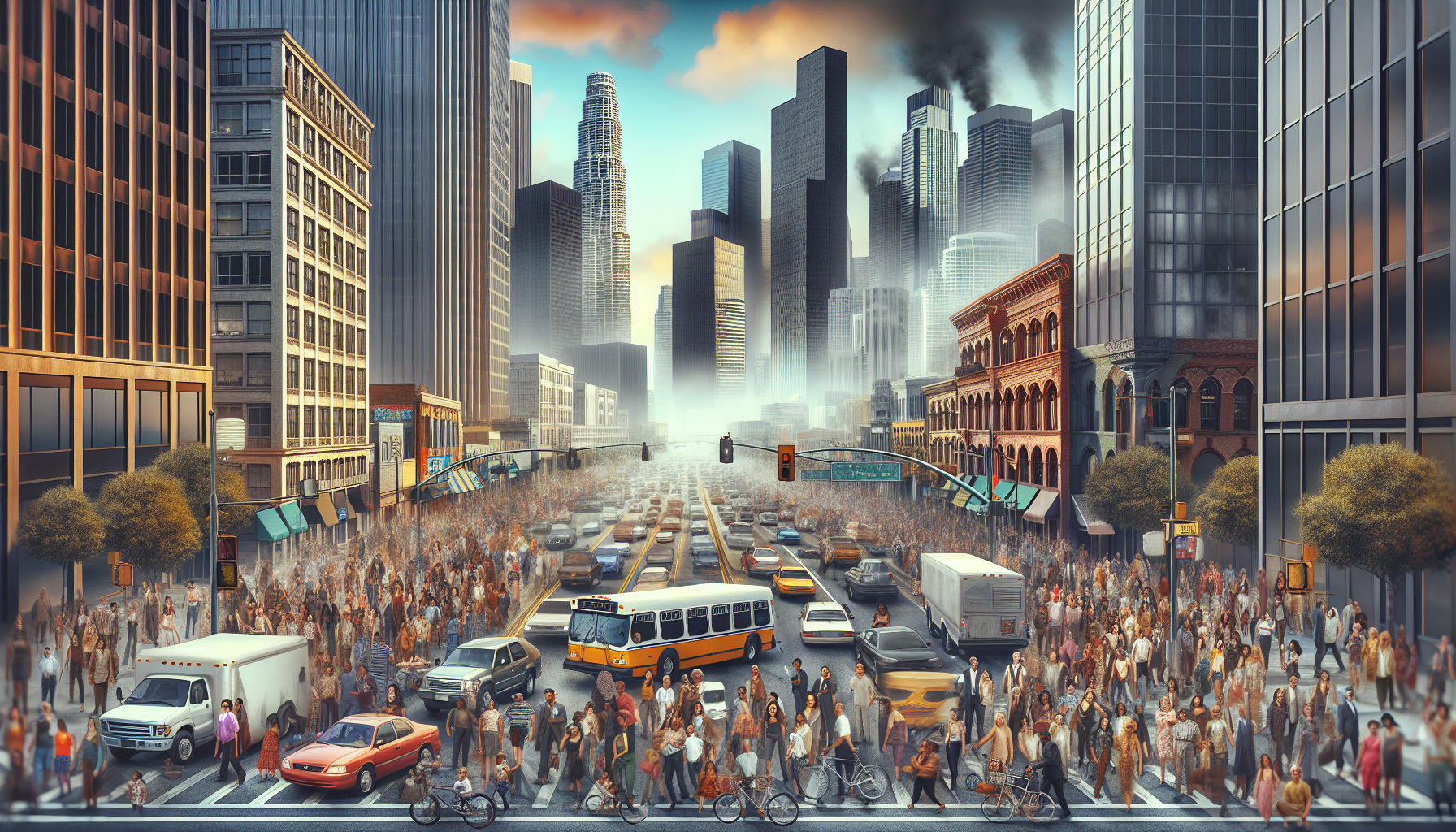 AI generated image of a congested city with people and traffic locked in congestion
