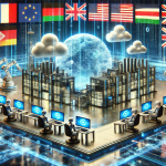 An advanced AI factory in a bustling urban landscape, featuring cutting-edge technology and automated systems. The factory is surrounded by holographic images