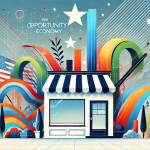 An abstract illustration of a small business storefront with an optimistic American landscape in the background. The landscape features bright colors