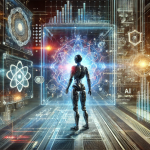 AI-powered robot in the process of upgrading itself. The robot is shown interacting with complex digital holograms, data streams.