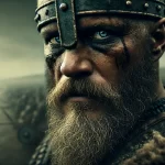 A gritty, cinematic close-up of a Viking king's face, reminiscent of the Ragnar Lothbrok series. The king has a weathered, battle-hardened expression,