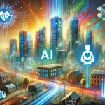A futuristic scene featuring AI-driven technology revolutionizing healthcare, architecture, and creativity. The image shows a vibrant cityscape.