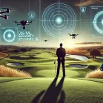 A dramatic scene of heightened security at a golf course, blending Cinematic Photography with Surrealism. The image shows a Secret Service agent stand