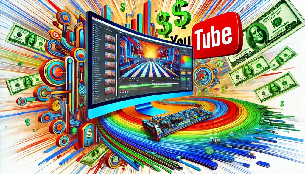 DALL·E-2024-09-16-22.47.36-A-vibrant-and-futuristic-depiction-of-YouTube-as-a-money-making-platform-blending-Pop-Art-and-Futurism.-The-image-features-a-large-32-inch-curved-scr-1024x585 The Ultimate Blueprint to Make Money on YouTube from Day 1 (No Views or Subscribers Needed!)