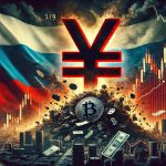 A powerful image showing a crumbling Russian Ruble, with a dramatic visual of the Chinese Yuan looming large in the background, symbolizing the economy in decline.