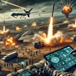 A dramatic battlefield scene showing precision missile strikes in the sky, with explosions in the distance. In the foreground, a Ukrainian flag waves