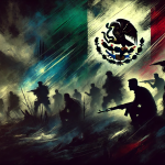 Image of shadowy figures in conflict, with the Mexican flag in the background and stacks of money and drugs scattered around The Sinaloa Cartel's internal strife threatens to reshape the landscape of organized crime.