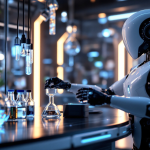 An android robot is doing biological and chemical experiments in an advance sci-fi looking lab.