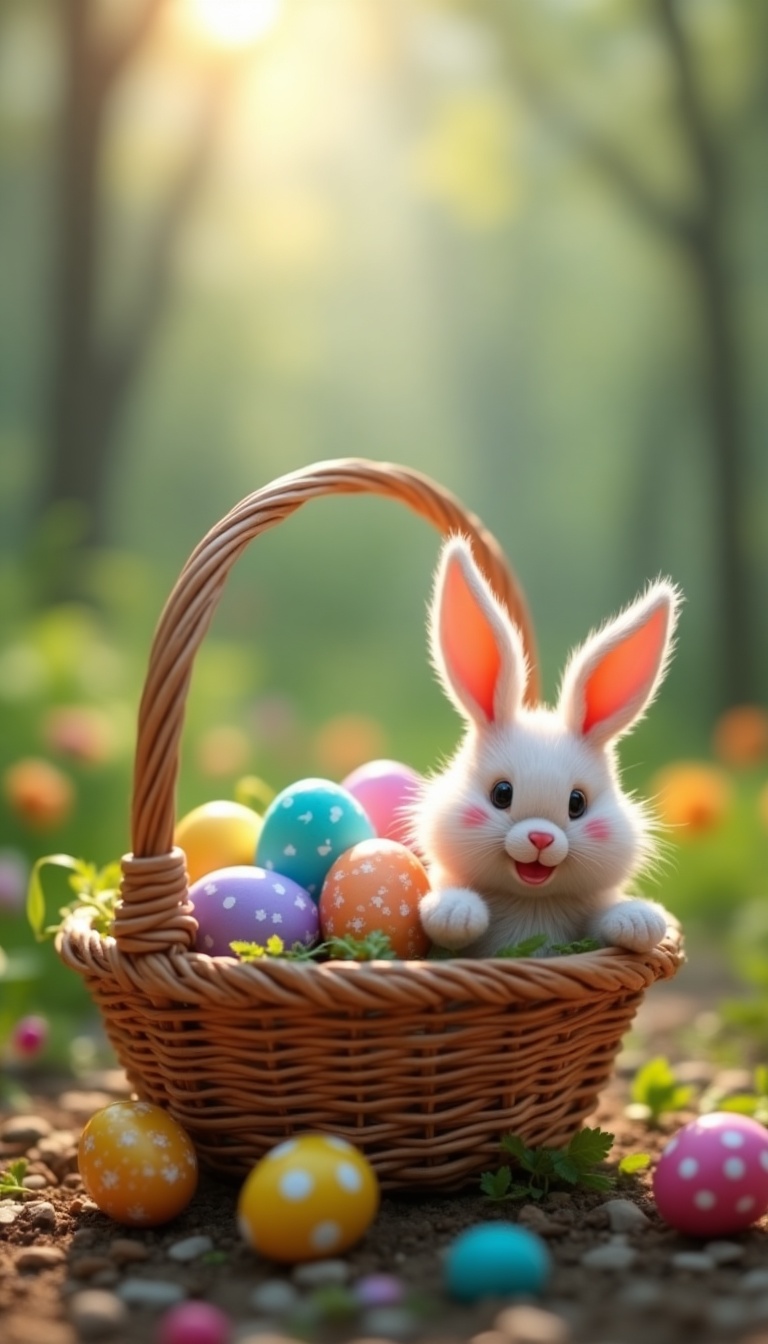 A wicker basket filled with colorful pastel Easter <a href='https://www.inthacity.com/headlines/health/food-news.php'>eggs</a> and a plush bunny in a meadow