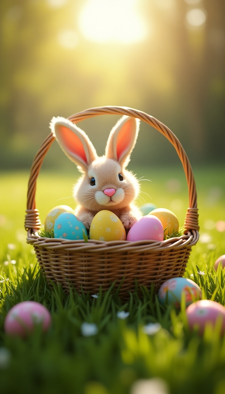 A wicker basket filled with colorful pastel Easter <a href='https://www.inthacity.com/headlines/health/food-news.php'>eggs</a> and a plush bunny in a sunlit meadow