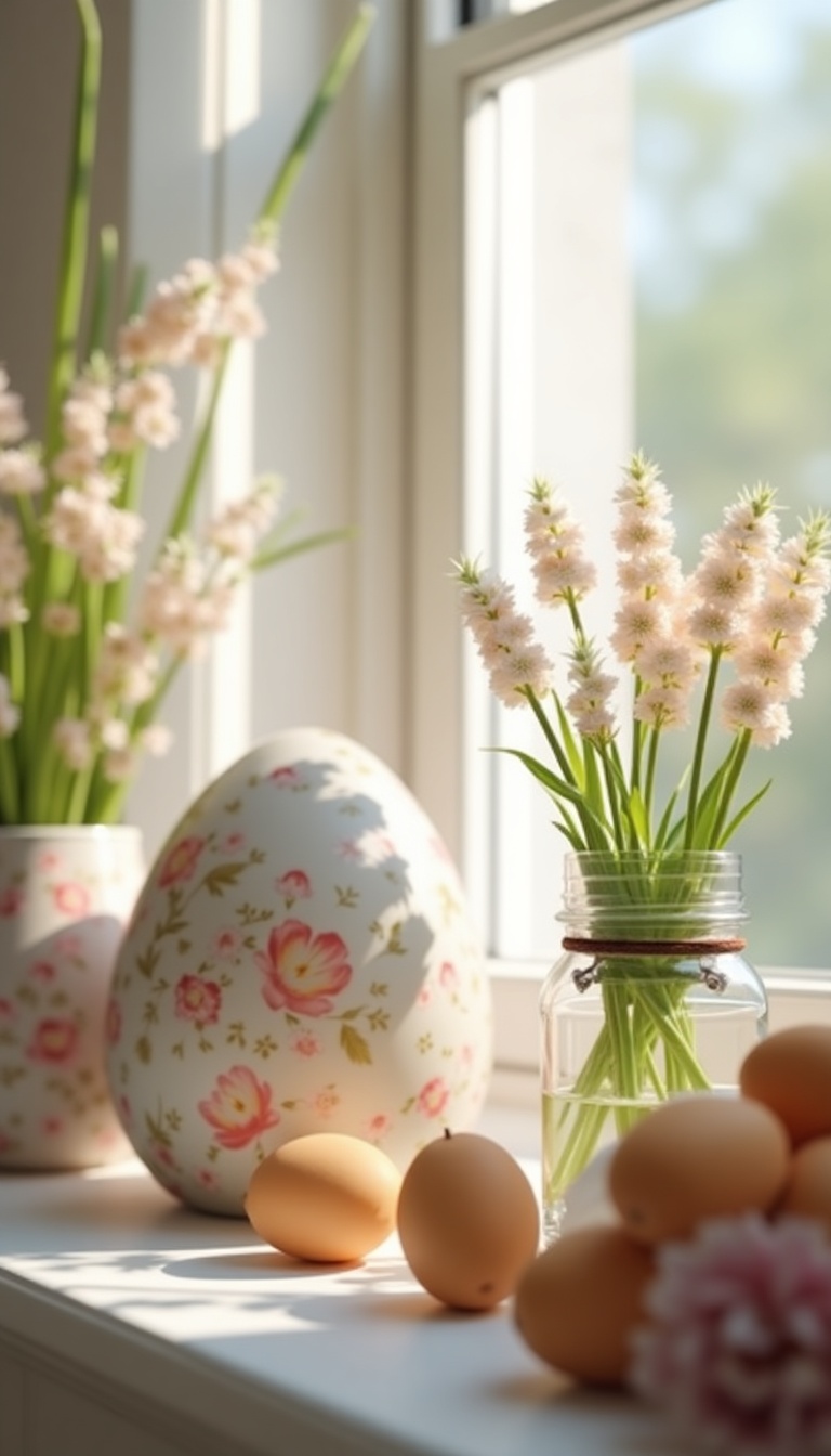 Easter decor featuring floral-themed <a href='https://www.inthacity.com/headlines/health/food-news.php'>eggs</a> and a bouquet of pale pink flowers in a glass jar