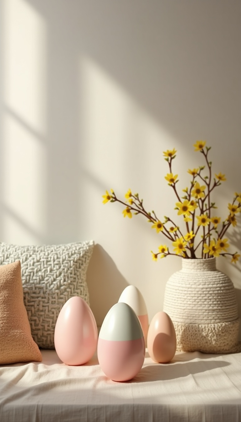 A cozy spring setting featuring pastel decorative <a href='https://www.inthacity.com/headlines/health/food-news.php'>eggs</a> and a vase with yellow floral branches.