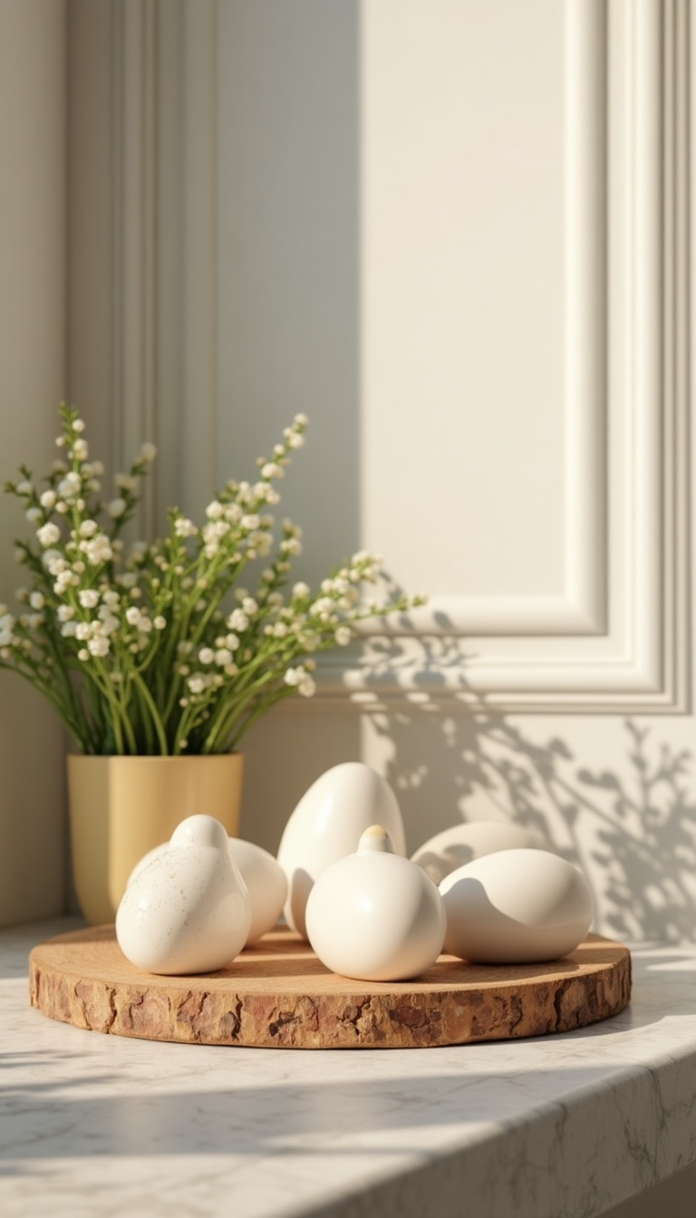 Elegant ceramic <a href='https://www.inthacity.com/headlines/health/food-news.php'>eggs</a> and delicate white flowers on a wooden platform for spring decor.