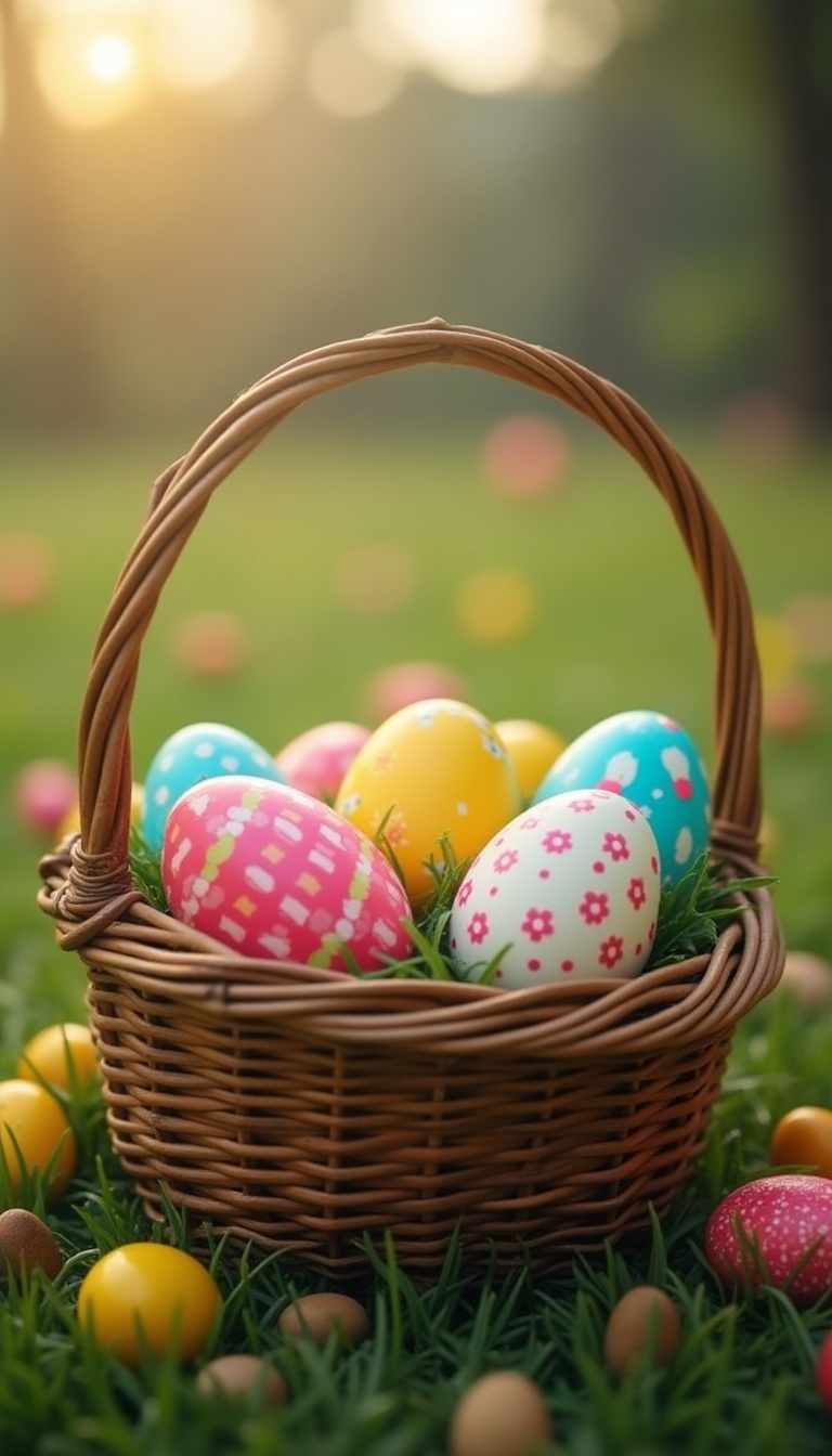 A colorful wicker basket filled with pastel Easter <a href='https://www.inthacity.com/headlines/health/food-news.php'>eggs</a> and a cute plush bunny in a sunlit meadow.