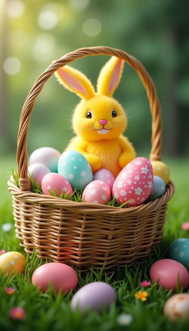 A delightful wicker basket filled with pastel Easter <a href='https://www.inthacity.com/headlines/health/food-news.php'>eggs</a> and a plush bunny in a sunlit meadow.