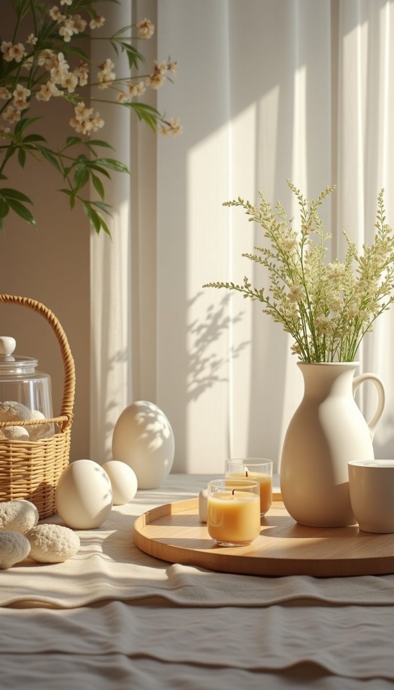 A charming, rustic display with white <a href='https://www.inthacity.com/headlines/health/food-news.php'>eggs</a> and amber candles in a woven basket, perfect for spring!
