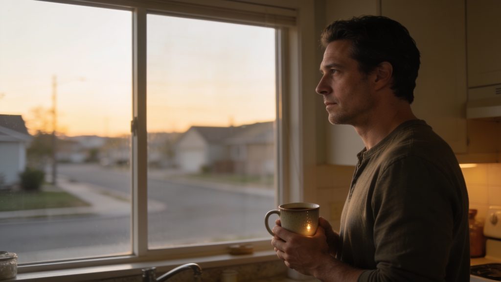 48-year-old-man-in-casual-clothes-standing-alone-in-a-warm-domestic-kitchen-at-golden-hour-dawn-1024x576 The New Human Purpose: Rediscovering Ourselves in an AGI World