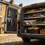 A plumber's van parked on a Leeds terrace street, back doors open showing organised tools