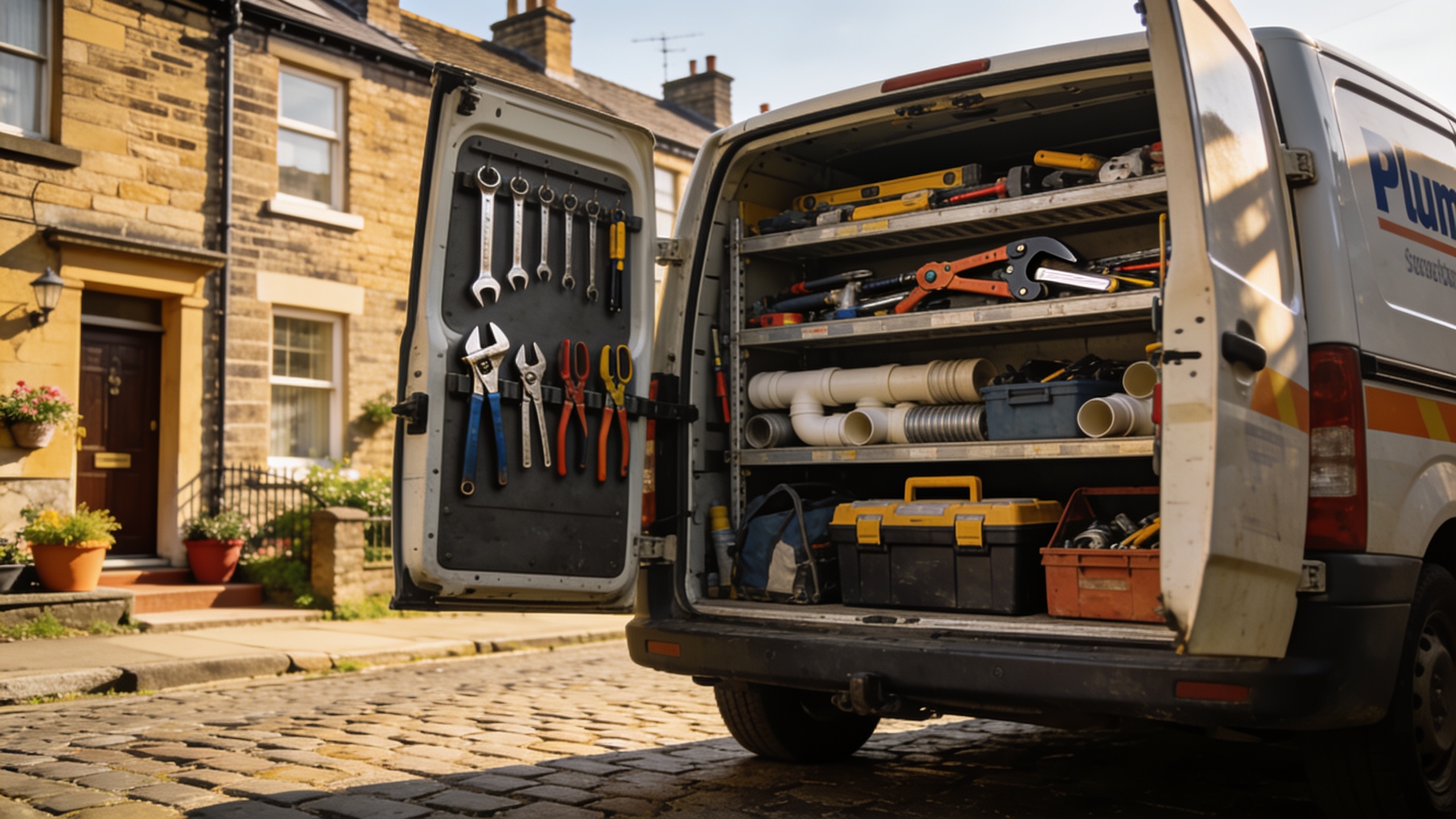 A plumber's van parked on a Leeds terrace street, back doors open showing organised tools