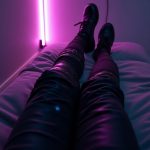 First-person POV of legs stretched out on a contoured foam pod with a carbon-fiber skeletal frame and hologram-synced memory foam in a Neon District capsule loft. Character wears matte-black thermal sleeppants with reactive nanofiber seams pulsing faint blue. Nearby, a multi-chamber plasma sidearm is holstered to a charging node, a cracked hardshell datapad, and body-armor segments magnetically mounted on the wall. Kinetic-soled boots are visible. Dim purple ambient glow from a thin vertical neon slat on the wall with stuttering orange sparks from a broken HUD-screen above, creating a tense mood.