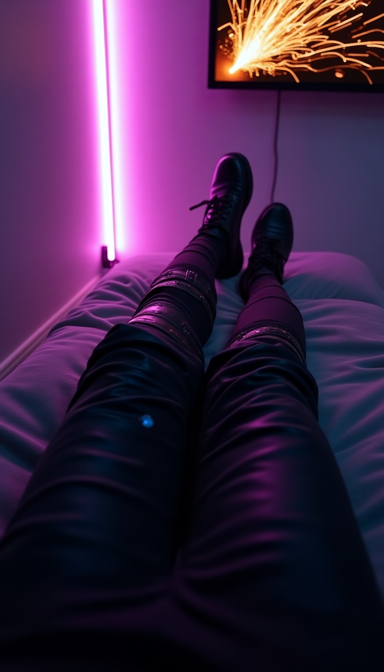 First-person POV of legs stretched out on a contoured foam pod with a carbon-fiber skeletal frame and hologram-synced memory foam in a Neon District capsule loft. Character wears matte-black thermal sleeppants with reactive nanofiber seams pulsing faint blue. Nearby, a multi-chamber plasma sidearm is holstered to a charging node, a cracked hardshell datapad, and body-armor segments magnetically mounted on the wall. Kinetic-soled boots are visible. Dim purple ambient glow from a thin vertical neon slat on the wall with stuttering orange sparks from a broken HUD-screen above, creating a tense mood.