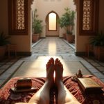 First-person view POV of legs stretched out on a rope-strung wooden bed, topped with embroidered linen sheets and a camel-hair blanket. The scene is set in a dawn-lit interior courtyard room with lattice-screened walls and carved cedar pillars. Nearby, a folded merchant's kaftan, leather satchel, reed pen, prayer rug, and an intricately engraved brass water flask. Pale peach light filters in through a mashrabiya window, casting patterned shadows on the mosaic floor. The mood is tranquil, with distant sounds of donkeys braying and merchants stirring awake, while the faint call to prayer echoes in the background.