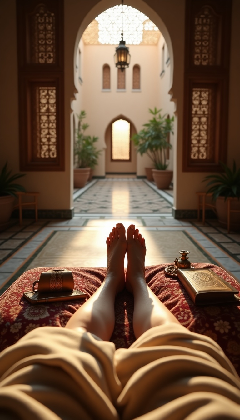 First-person view POV of legs stretched out on a rope-strung wooden bed, topped with embroidered linen sheets and a camel-hair blanket. The scene is set in a dawn-lit interior courtyard room with lattice-screened walls and carved cedar pillars. Nearby, a folded merchant's kaftan, leather satchel, reed pen, prayer rug, and an intricately engraved brass water flask. Pale peach light filters in through a mashrabiya window, casting patterned shadows on the mosaic floor. The mood is tranquil, with distant sounds of donkeys braying and merchants stirring awake, while the faint call to prayer echoes in the background.