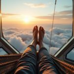 Scene 1: Wake-Up Scene Cinematic photography: 06:15 AM, year 2500, first-person view POV of legs stretched out on a reinforced carbon-fiber mesh hammock, swaying gently beside a curved glass window that floats above the cloudline. The hammock is suspended inside a hexagonal pod cabin with translucent walls. Wearing thermoweave sleep trousers with holographic threading seams, designed for atmospheric shifts. Nearby: telescoping fish lance, folded bioadaptive jacket, a glowing fishing HUD visor, nutrient paste tube, and coiled tether rope. Lighting & Mood: Soft, diffused sunrise filters through sky-borne cirrus, casting a shimmering golden hue across the cabin. The tone is serene but lonely — a quiet moment before the rhythm of cloudfishing begins.