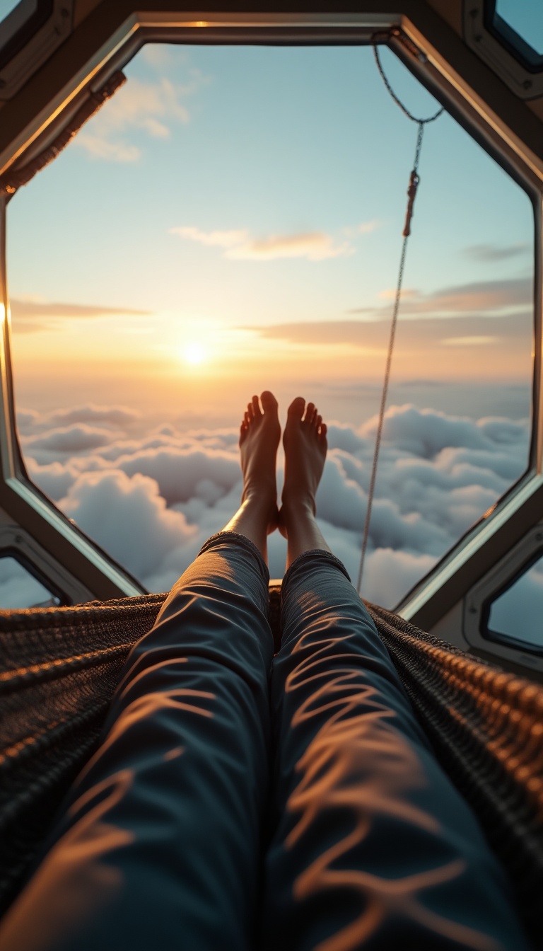 Scene 1: Wake-Up Scene Cinematic photography: 06:15 AM, year 2500, first-person view POV of legs stretched out on a reinforced carbon-fiber mesh hammock, swaying gently beside a curved glass window that floats above the cloudline. The hammock is suspended inside a hexagonal pod cabin with translucent walls. Wearing thermoweave sleep trousers with holographic threading seams, designed for atmospheric shifts. Nearby: telescoping fish lance, folded bioadaptive jacket, a glowing fishing HUD visor, nutrient paste tube, and coiled tether rope. Lighting & Mood: Soft, diffused sunrise filters through sky-borne cirrus, casting a shimmering golden hue across the cabin. The tone is serene but lonely — a quiet moment before the rhythm of cloudfishing begins.