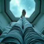 Cinematic photography: 06:04 Galactic Standard Time, first-person view POV of legs stretched out on a zero-gravity foam pod embedded into a carbon-core wall. The pod is hexagonal, faintly glowing from within, with skin-warmed memory-gel contours. Legs are in lightweight titanium-threaded fiber-silk lounge pants, a common sleepwear in 2525 colonies. Nearby: A folded mag-field vest, a compact rail-tool, a holographic cuff display buzzing inactive, and a leather pouch containing rare Martian bartering stones. Pale aquamarine light filters in from a skylight slit showing deep-space—glimmers of a nebula shimmer faintly. The mood is calm, slightly surreal, as neural synchronization recalibrates after cryogenic drift sleep—subtle static in your hearing like space dust brushing metal.