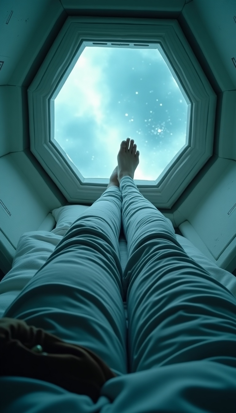 Cinematic photography: 06:04 Galactic Standard Time, first-person view POV of legs stretched out on a zero-gravity foam pod embedded into a carbon-core wall. The pod is hexagonal, faintly glowing from within, with skin-warmed memory-gel contours. Legs are in lightweight titanium-threaded fiber-silk lounge pants, a common sleepwear in 2525 colonies. Nearby: A folded mag-field vest, a compact rail-tool, a holographic cuff display buzzing inactive, and a leather pouch containing rare Martian bartering stones. Pale aquamarine light filters in from a skylight slit showing deep-space—glimmers of a nebula shimmer faintly. The mood is calm, slightly surreal, as neural synchronization recalibrates after cryogenic drift sleep—subtle static in your hearing like space dust brushing metal.