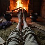 Early dawn in a Transylvanian forest hamlet. First-person POV of legs stretched out on a narrow rope-strung wooden bed sagging under rough moss-stuffed bedding. Modestly clad in rough-spun flaxen sleep trousers, bare ankles and cool toes against a creaky wooden floor, loose hand-woven rug dyed with walnut husk and nettle. Nearby, a blackened iron mortar and pestle, vellum scrolls with faded sigils, a bundle of dried lavender, and a folded wool tunic. Flickering orange cauldron light from the hearth creates enchanting shadows of dried herbs, with an intimate, ancient mood as the forest breathes softly outside the crooked chimney.
