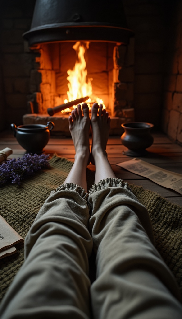 Early dawn in a Transylvanian forest hamlet. First-person POV of legs stretched out on a narrow rope-strung wooden bed sagging under rough moss-stuffed bedding. Modestly clad in rough-spun flaxen sleep trousers, bare ankles and cool toes against a creaky wooden floor, loose hand-woven rug dyed with walnut husk and nettle. Nearby, a blackened iron mortar and pestle, vellum scrolls with faded sigils, a bundle of dried lavender, and a folded wool tunic. Flickering orange cauldron light from the hearth creates enchanting shadows of dried herbs, with an intimate, ancient mood as the forest breathes softly outside the crooked chimney.