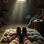 Cinematic photography: Early morning in a Viking longhouse, 950 AD. First-person view from a low sleeping position — male legs stretch outward over a simple bed of hay-filled mattress lined with coarse, grey woolen furs atop a thick rope-latticed wooden frame. Worn leather boots with criss-crossed hide laces are loosely tied at the ankles. The viewer wears a sleep tunic — brown linen, slightly wrinkled, with visible hand-stitched seams. To the right: a bronze drinking horn rests on a carved wooden stool. An iron axe head catches a glint beside thin leather straps, folded tunics, and a fur cloak. On the far wall, round shields hang above bundled spears. Lighting & Mood: A line of golden morning light leaks through wooden shutter slats above, illuminating floating dust. The air is crisp. A faint creak of wood and distant gulls echo beyond the walls. Mood: Reflective — the calm before an unruly day.
