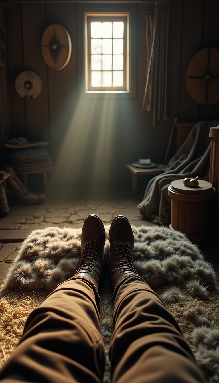 Cinematic photography: Early morning in a Viking longhouse, 950 AD. First-person view from a low sleeping position — male legs stretch outward over a simple bed of hay-filled mattress lined with coarse, grey woolen furs atop a thick rope-latticed wooden frame. Worn leather boots with criss-crossed hide laces are loosely tied at the ankles. The viewer wears a sleep tunic — brown linen, slightly wrinkled, with visible hand-stitched seams. To the right: a bronze drinking horn rests on a carved wooden stool. An iron axe head catches a glint beside thin leather straps, folded tunics, and a fur cloak. On the far wall, round shields hang above bundled spears. Lighting & Mood: A line of golden morning light leaks through wooden shutter slats above, illuminating floating dust. The air is crisp. A faint creak of wood and distant gulls echo beyond the walls. Mood: Reflective — the calm before an unruly day.