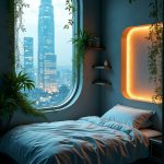 A tiny sleeping space nestled in the heart of Novus Periphery, a compact, futuristic bedroom with soft light creeping in from cracks in the walls. Ambient smart panels adorned with bioluminescent patterns flicker, reminiscent of the jungle outside. A small, neatly made bed layered with sleek tech-infused linens shimmers. The air thick with the scent of coffee, inviting the viewer into a world on the cusp of a new day.