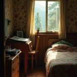 A dimly lit, quaint bedroom from the 1970s, with faded floral wallpaper and a small wooden desk. The camera focuses on a tiny window, through which morning light spills in, illuminating the rugged Cascade Mountains in the distance. Towering pines sway gently, their shadows flickering on the worn wooden floor. Crumpled camping gear rests against the wall, hinting at adventures yet to be undertaken.
