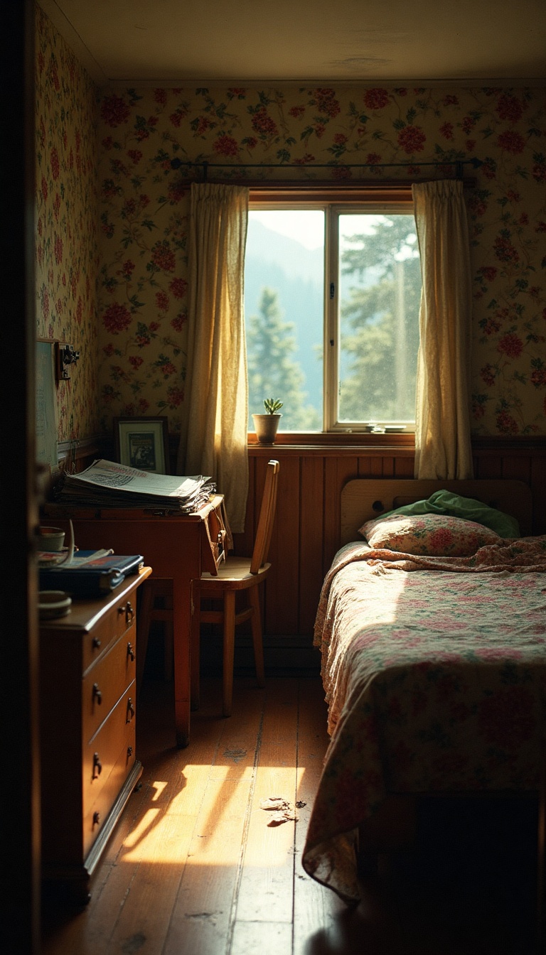 A dimly lit, quaint bedroom from the 1970s, with faded floral wallpaper and a small wooden desk. The camera focuses on a tiny window, through which morning light spills in, illuminating the rugged Cascade Mountains in the distance. Towering pines sway gently, their shadows flickering on the worn wooden floor. Crumpled camping gear rests against the wall, hinting at adventures yet to be undertaken.