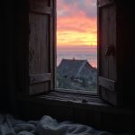 The camera pans over a small, dimly lit bedroom, focusing on a tiny window framed with worn wooden shutters. Through the grime-streaked glass, the viewer glimpses the twilight sky as fiery streaks of orange and purple clash within the fading daylight. Outside, the rooftops of a Viking village are silhouetted against the horizon, smoke curling up into the air from distant forges, while the sound of distant waves crashing against the cliffs reaches the viewer’s ears.