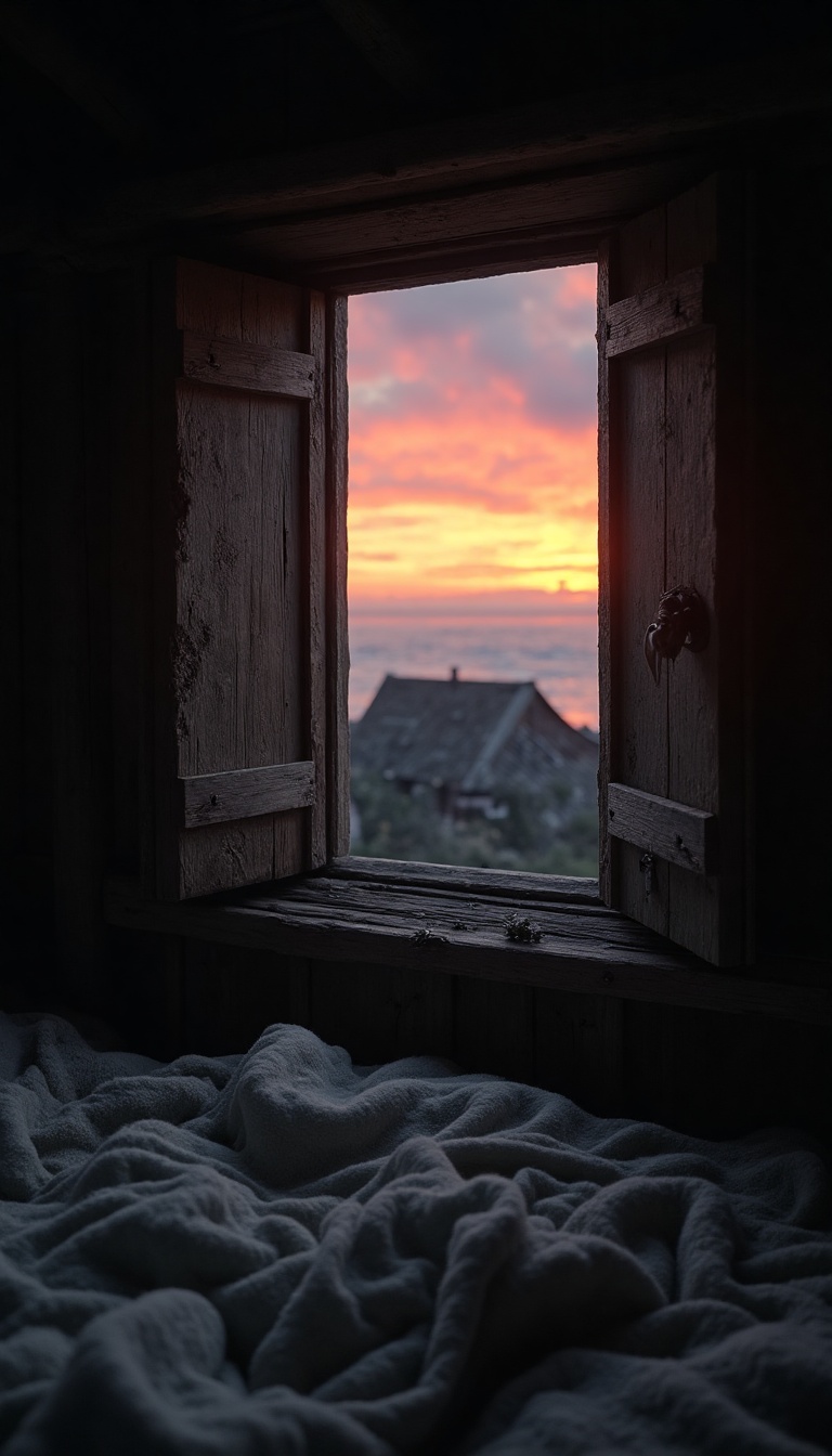 The camera pans over a small, dimly lit bedroom, focusing on a tiny window framed with worn wooden shutters. Through the grime-streaked glass, the viewer glimpses the twilight sky as fiery streaks of orange and purple clash within the fading daylight. Outside, the rooftops of a Viking village are silhouetted against the horizon, smoke curling up into the air from distant forges, while the sound of distant waves crashing against the cliffs reaches the viewer’s ears.