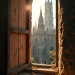 A close-up shot through a tiny medieval window, its wooden panes weathered and cracked. Sunlight filters through, casting warm, soft beams across a small, sparsely furnished room. Outside, a glimpse of a towering cathedral looms majestically against the azure sky, its intricate spires reaching for the heavens. Birds flit through the air, their songs faintly audible, harmonizing with the distant sound of chisels at work. The air is thick with anticipation, as the sunrise heralds the day’s promise.