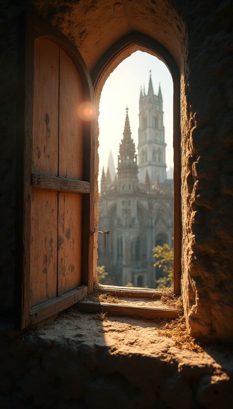 A close-up shot through a tiny medieval window, its wooden panes weathered and cracked. Sunlight filters through, casting warm, soft beams across a small, sparsely furnished room. Outside, a glimpse of a towering cathedral looms majestically against the azure sky, its intricate spires reaching for the heavens. Birds flit through the air, their songs faintly audible, harmonizing with the distant sound of chisels at work. The air is thick with anticipation, as the sunrise heralds the day’s promise.