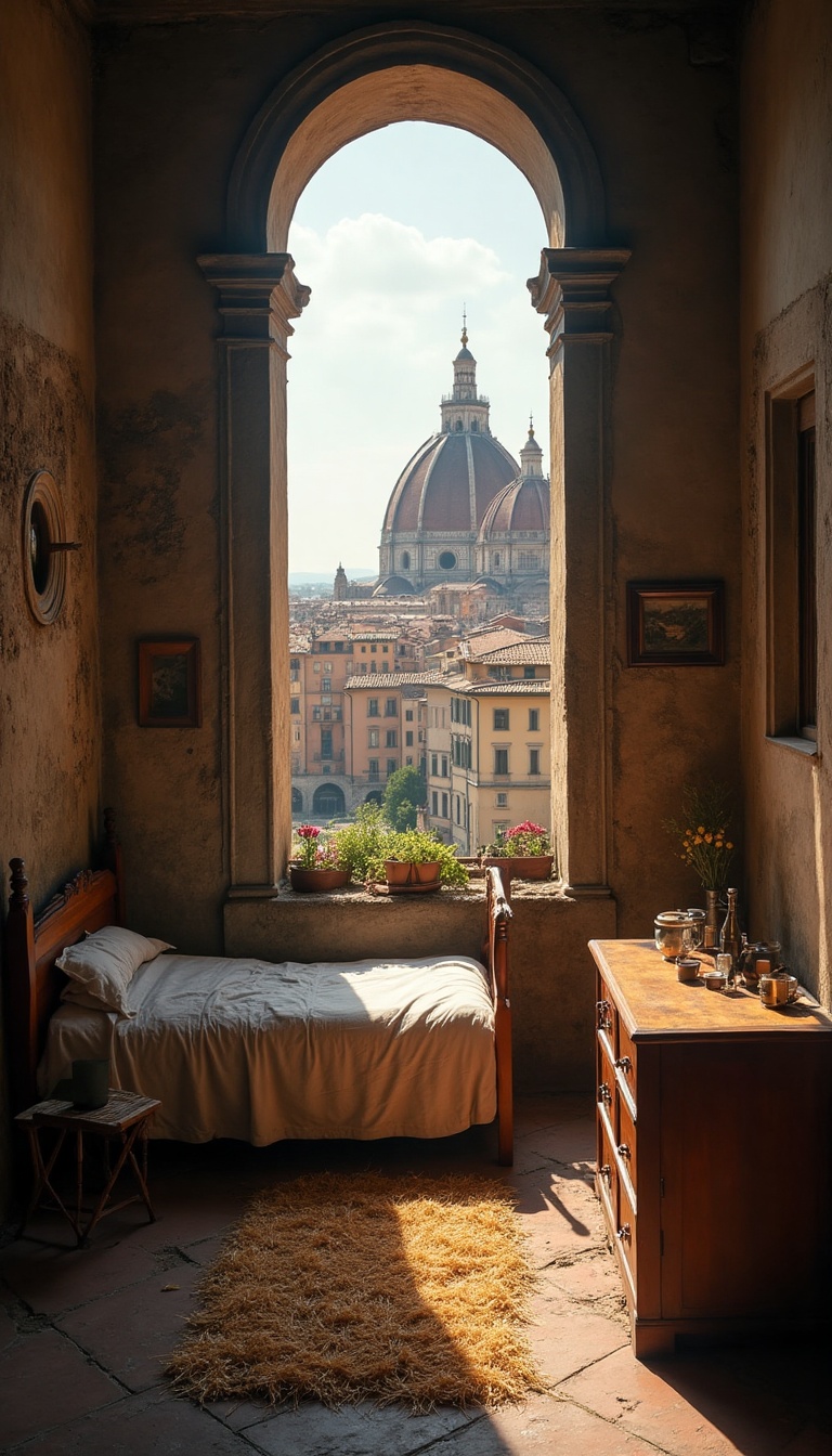 Through a tiny, arched window, gentle sunlight spills into a modest Renaissance bedroom adorned with simple wooden furniture and a straw mattress. Outside, the bustling life of Florence unfolds: vendors selling fragrant herbs and flowers, artists sketching vibrant scenes, and children playing in the cobblestone streets. The distant skyline is punctuated by the Duomo, and the air carries the sounds of laughter and the clinking of goblets, vibrating with the essence of the era.