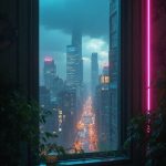 The camera lingers on a small bedroom window, framed by flickering neon lights from the chaotic streets of New Nova. Outside, the sky shimmers with thousands of stars, illuminating the city's skyline of towering skyscrapers and crumbling buildings. The air is thick with tension, the distant sounds of sirens and shouts blending into a chaotic symphony. Dark clouds hover ominously over the city, casting shadows over passing hover vehicles and the alleyways bustling with movement.