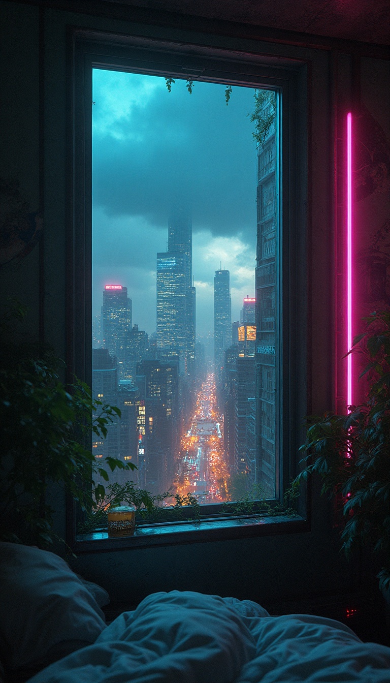 The camera lingers on a small bedroom window, framed by flickering neon lights from the chaotic streets of New Nova. Outside, the sky shimmers with thousands of stars, illuminating the city's skyline of towering skyscrapers and crumbling buildings. The air is thick with tension, the distant sounds of sirens and shouts blending into a chaotic symphony. Dark clouds hover ominously over the city, casting shadows over passing hover vehicles and the alleyways bustling with movement.
