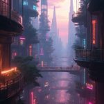 A view from a tiny bedroom window reveals the sprawling, floating city of Aetheris bathed in the soft glow of dawn, with air vehicles darting between towering buildings. Neon lights flicker, casting vibrant colors against the muted tones of the early morning sky. Below, the streets bustle with activity, silhouetted figures flitting past palm-fringed walkways and glimmering suspension bridges that connect the city’s floating islands. The hum of engines vibrates through the air, promising adventure and chaos, while the distant horizon teases the edge of possibility.