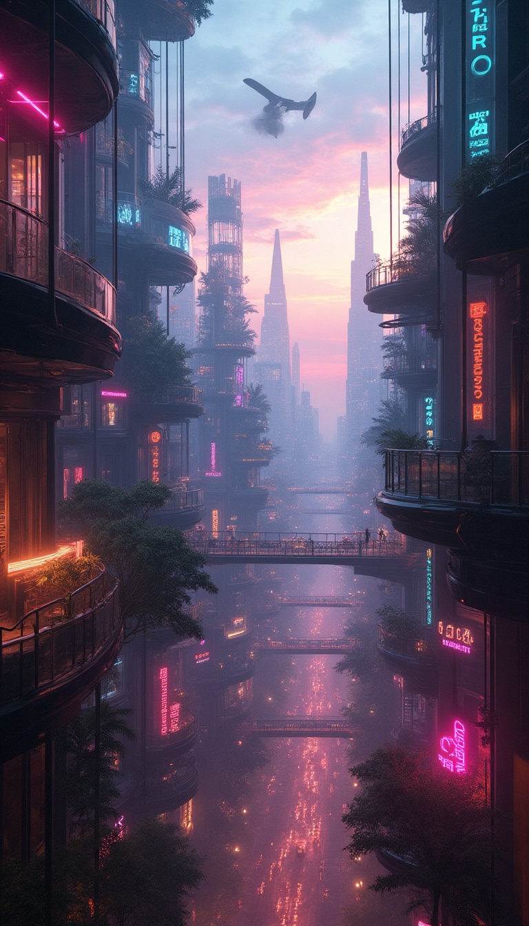 A view from a tiny bedroom window reveals the sprawling, floating city of Aetheris bathed in the soft glow of dawn, with air vehicles darting between towering buildings. Neon lights flicker, casting vibrant colors against the muted tones of the early morning sky. Below, the streets bustle with activity, silhouetted figures flitting past palm-fringed walkways and glimmering suspension bridges that connect the city’s floating islands. The hum of engines vibrates through the air, promising adventure and chaos, while the distant horizon teases the edge of possibility.