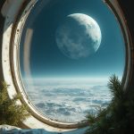 A close-up view of a small, dusty window in a cramped, futuristic sleeping pod, revealing a haunting view of a barren, cratered moon with a pale, silvery surface glimmering under distant stars. Earth hangs brightly in the background, showcasing a vibrant blue and green marbled sphere. Thin metallic beams and cables crisscross outside, connecting habitats like lifelines. The scene captures a sense of echoing aspirations and dreams as the camera pulls back slowly toward the glass, emphasizing the intensity of the moment.