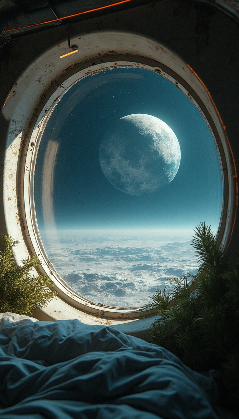 A close-up view of a small, dusty window in a cramped, futuristic sleeping pod, revealing a haunting view of a barren, cratered moon with a pale, silvery surface glimmering under distant stars. Earth hangs brightly in the background, showcasing a vibrant blue and green marbled sphere. Thin metallic beams and cables crisscross outside, connecting habitats like lifelines. The scene captures a sense of echoing aspirations and dreams as the camera pulls back slowly toward the glass, emphasizing the intensity of the moment.