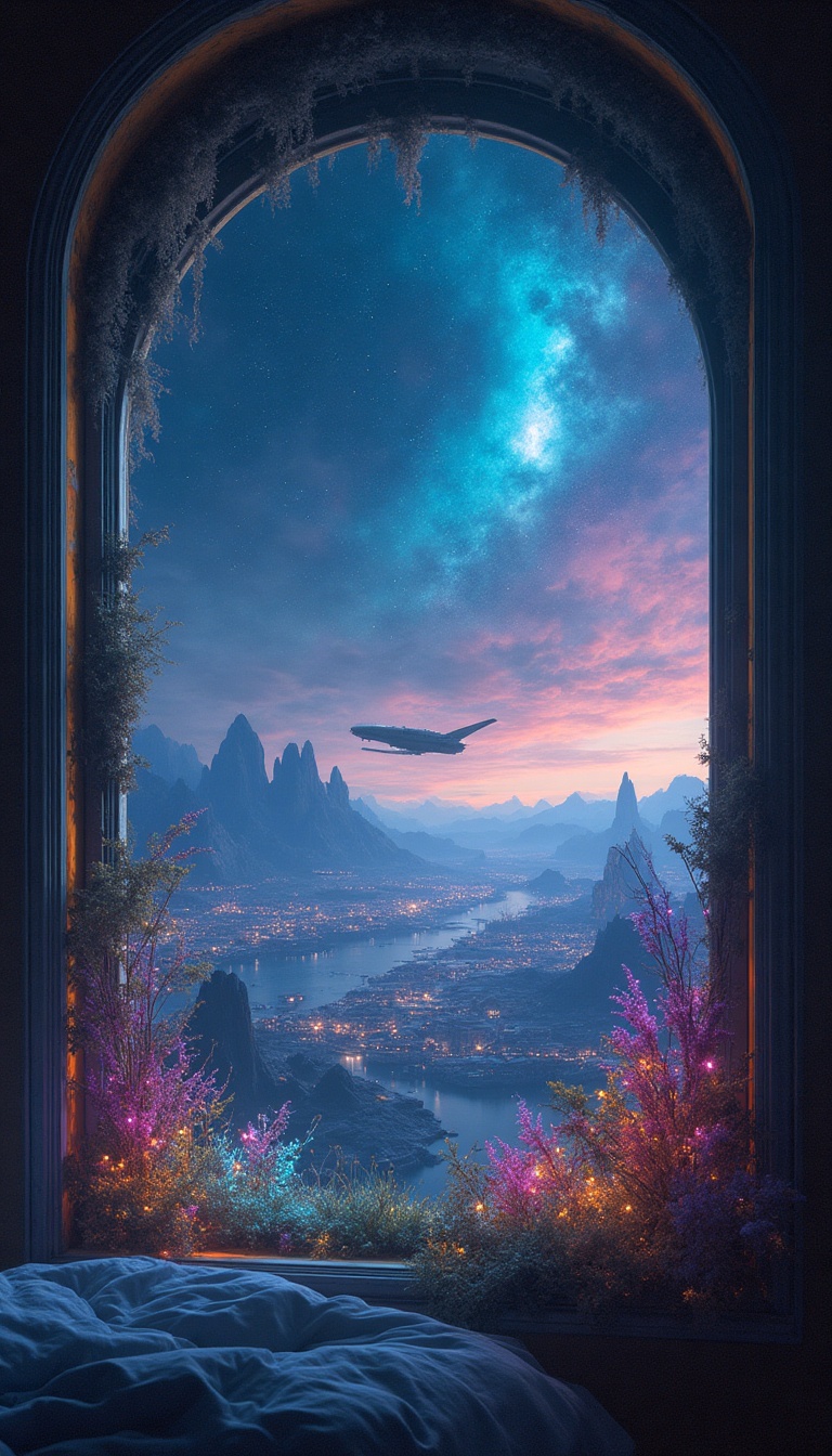 A tiny bedroom window framed with sleek, metallic edges opens to a tapestry of swirling cosmic colors in the endless night, punctuated by vibrant stars and nebulae. A silhouette of the colossal interstellar vessel, the \"Odyssey,\" gleams gently in the soft glow of an alien moon, casting a silvery luminescence across the room. The atmosphere inside feels charged with anticipation and adventure as shadows flicker, hinting at the wonders yet to be discovered.